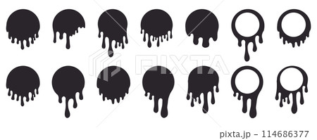 Melt drip circle silhouette paint round splash with drops, liquid shape, stain isolated on white background. Collection of Flowing fluid, slime or cream. 114686377