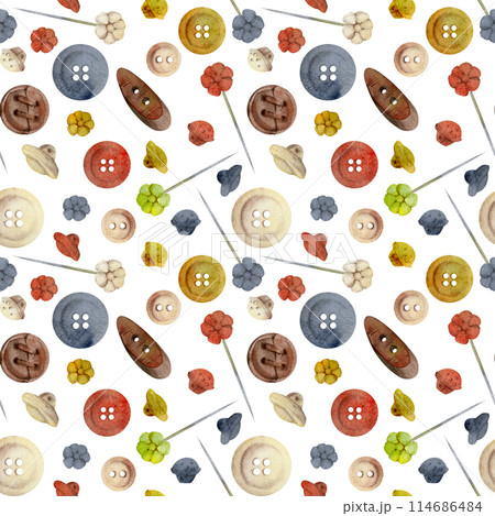 Hand drawn watercolor illustration sewing craft supplies. Plastic wooden flat round buttons fasteners. Seamless pattern, wallpaper isolated on white background. Design atelier, tailor, hobby shop 114686484