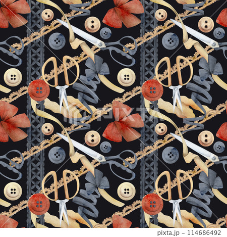 Hand drawn watercolor illustration sewing craft supplies. Fabric scissors snaps, wooden buttons ribbon lace, indigo beige red. Seamless pattern isolated dark background. Atelier, tailor, hobby shop Hand drawn watercolor illustration sewing craft supplies. Fabric scissors snaps, wooden buttons ribbon lace, indigo beige red. Seamless pattern isolated dark background. Atelier, tailor, hobby shop 114686492
