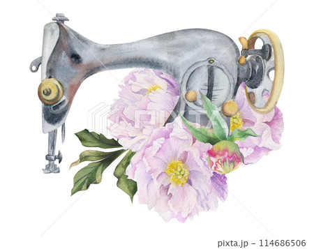 Hand drawn watercolor illustration sewing craft supplies. Vintage retro sewing machine with pink peony flowers and leaves. Composition isolated on white background. Design atelier, tailor, hobby shop Hand drawn watercolor illustration sewing craft supplies. Vintage retro sewing machine with pink peony flowers and leaves. Composition isolated on white background. Design atelier, tailor, hobby shop 114686506