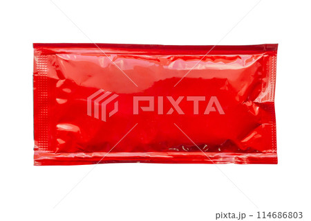 Blank red foil tomato ketchup sauce sachet package isolated on white background Blank red foil tomato ketchup sauce sachet package isolated on white background 114686803