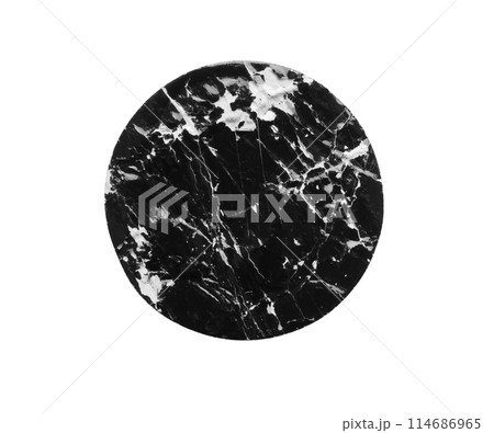 Black old scratched round paper sticker isolated on white background 114686965