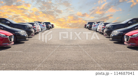 Lot of used car for sales in stock with sky and clouds 114687041