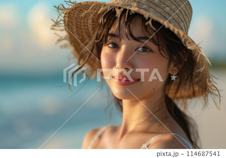 リゾート　ビーチを歩く若い女性 114687541