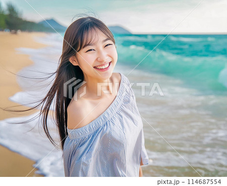 リゾート ビーチを歩く若い女性 リゾート ビーチを歩く若い女性 114687554