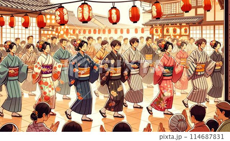 浴衣で踊る人々 114687831