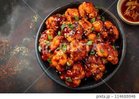 Sticky, sweet, and spicy cauliflower with sesame seeds in a rustic bowl on a dark backdrop Sticky, sweet, and spicy cauliflower with sesame seeds in a rustic bowl on a dark backdrop 114688046