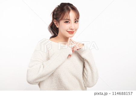 Beautiful young asian woman with clean fresh skin on white background, Face care, Facial treatment, Cosmetology, beauty and spa, Asian women portrait. 114688157