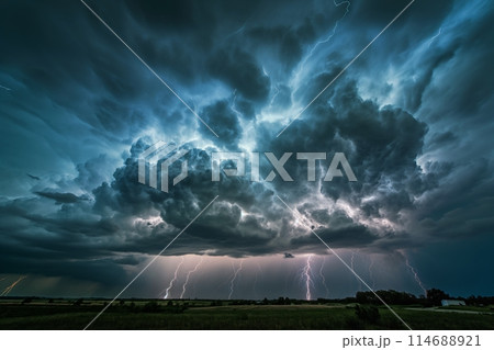 Stormy cloudy sky with numerous lightning strikes to the ground 114688921