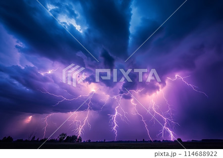 Stormy cloudy sky with numerous lightning strikes to the ground 114688922