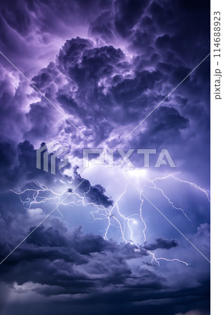 Stormy cloudy sky with numerous lightning strikes to the ground 114688923