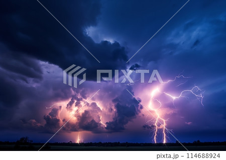 Stormy cloudy sky with numerous lightning strikes to the ground 114688924