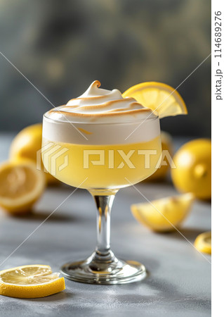 Lemon Meringue cocktail topped with a creamy swirl and lemon slice on a grey background 114689276