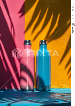 Two colorful insulated bottles stand against a vibrant, shadow patterned backdrop 114689352