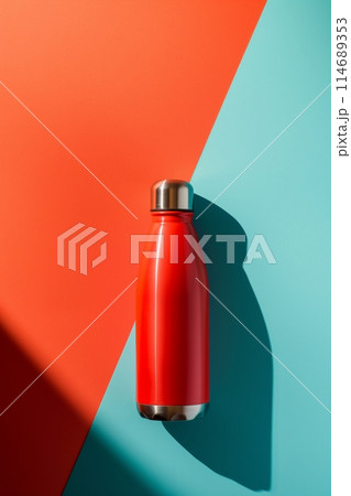 Reusable stainless steel bottle casts vivid shadows on multicolored backdrop, eco conscious living 114689353