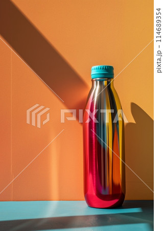 Reusable stainless steel bottle casts vivid shadows on multicolored backdrop, eco conscious living 114689354