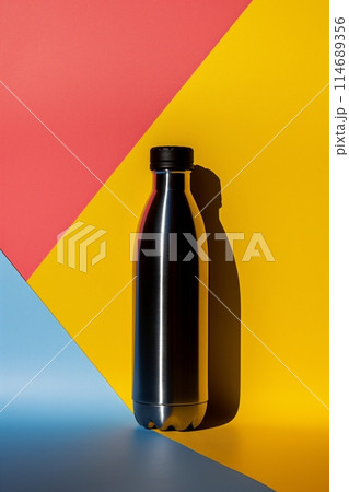 Reusable stainless steel bottle casts vivid shadows on multicolored backdrop, eco conscious living 114689356