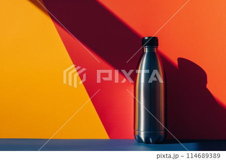 Reusable stainless steel bottle casts vivid shadows on multicolored backdrop, eco conscious living 114689389