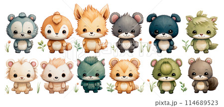 Baby cute animals watercolor set. Hand drawn set small animals. generated Ai 114689523
