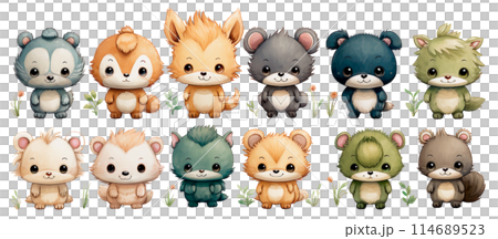 Baby cute animals watercolor set. Hand drawn set small animals. generated Ai 114689523