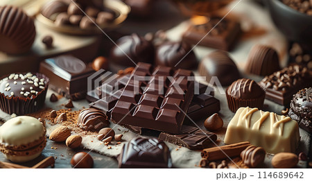 Dark chocolate bar surrounded by cocoa powder and chocolate pieces on dark background 114689642