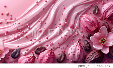 Happy Chocolate Day bright banner background with river pink melted chocolate surrounded cacao bean Happy Chocolate Day bright banner background with river pink melted chocolate surrounded cacao bean 114689725