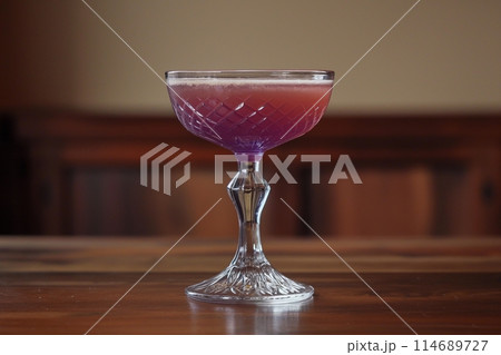 Elegant purple Aviation cocktail in a glass on a table, with a warm, blurred background 114689727