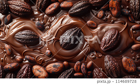 Swirls of melted chocolate small chocolate beads cocoa beans, presented dark textured background 114689728