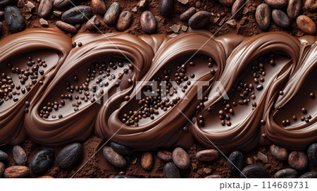 Swirls of melted chocolate small chocolate beads cocoa beans, presented dark textured background 114689731
