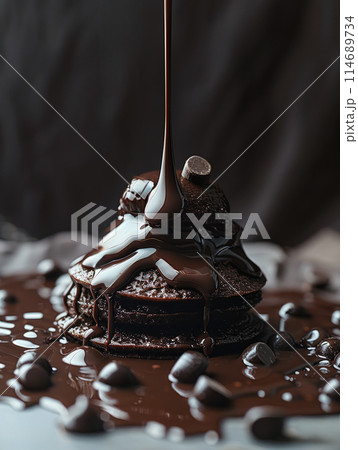 An indulgent image featuring stack dark chocolate pieces melted chocolate being poured over them 114689734