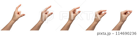 Woman showing size with hand gesture, small to large. Person s finger movements, white background 114690236
