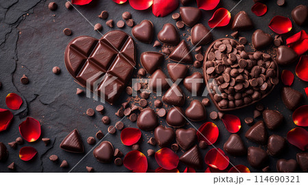 Heart shaped chocolate pieces with scattered rose petals. Romantic concept perfect Valentine's Day Heart shaped chocolate pieces with scattered rose petals. Romantic concept perfect Valentine's Day 114690321