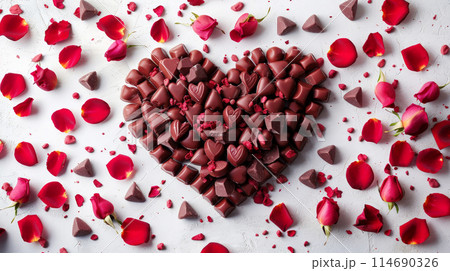 Heart shaped chocolate pieces with scattered rose petals. Romantic concept perfect Valentine's Day Heart shaped chocolate pieces with scattered rose petals. Romantic concept perfect Valentine's Day 114690326