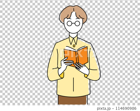 A man standing and reading a book A man standing and reading a book 114690986