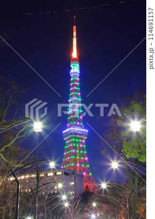 東京都港区芝公園からのライトアップされた東京タワー 東京都港区芝公園からのライトアップされた東京タワー 114691157