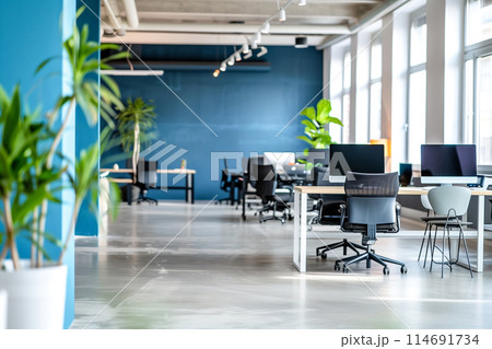 環境に配慮したオフィス環境、自然光と緑を取り入れたモダンなオープンオフィススペース 114691734