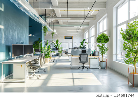環境に配慮したオフィス環境、自然光と緑を取り入れたモダンなオープンオフィススペース 環境に配慮したオフィス環境、自然光と緑を取り入れたモダンなオープンオフィススペース 114691744