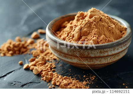 A bowl of maca powder on a textured black slate surface, with some powder sprinkled around 114692151