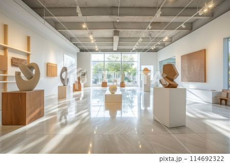 Modern art gallery with elegant wooden sculptures in fluid shapes on display Modern art gallery with elegant wooden sculptures in fluid shapes on display 114692322