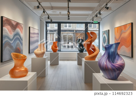 Exhibition room showcasing vibrant, wavy glass vases and abstract wall art 114692323