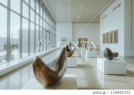 Modern art gallery with elegant wooden sculptures in fluid shapes on display 114692332