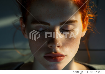 Redhead woman with closed eyes and freckles, in a serene moment of sunlight 114692345