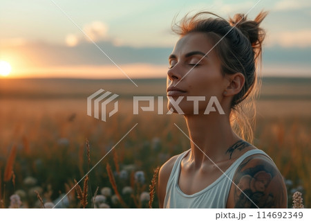 Relaxed woman enjoying the serenity of a sunset in a field Relaxed woman enjoying the serenity of a sunset in a field 114692349