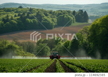 Tractor spraying crops in a lush green field with rolling hills in the background 114692385