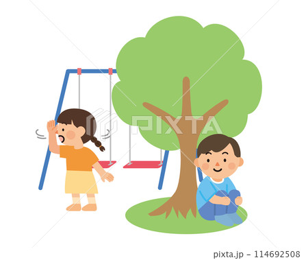 公園でかくれんぼする子供たち 114692508