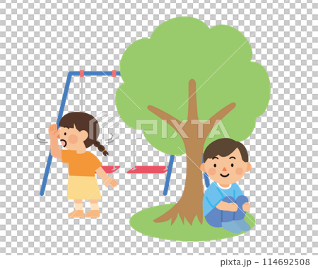 公園でかくれんぼする子供たち 114692508