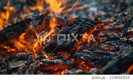 Embers glowing in a dying fire. Embers glowing in a dying fire. 114692852