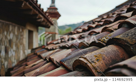 Old tiled roof with moss. 114692995