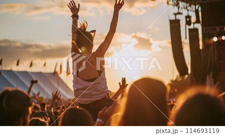 a person sitting atop someones shoulders, their hands reaching for the sky at a summer music festival a person sitting atop someones shoulders, their hands reaching for the sky at a summer music festival 114693119