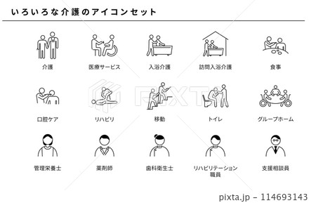 いろいろな介護のアイコンセット、ベクター素材 114693143